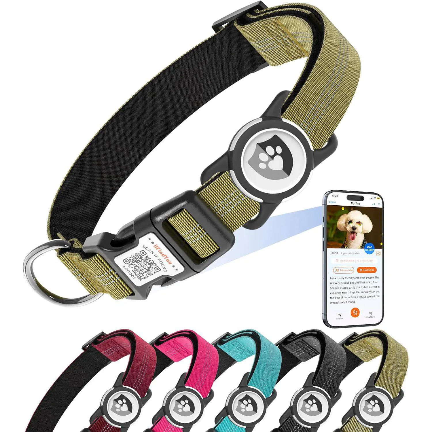 Collar Reflectante Para Perro Con Soporte AirTag Ajustable Y Material De Nailon