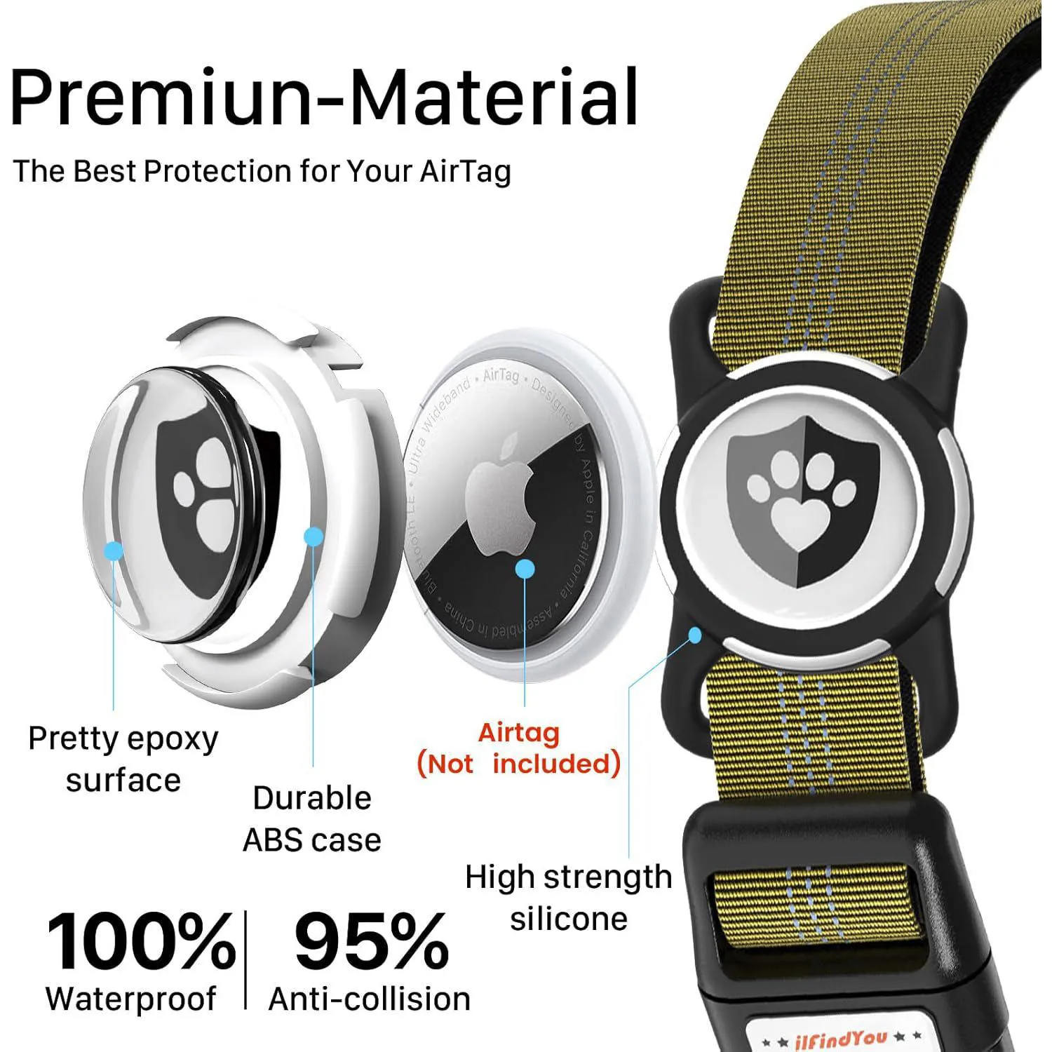 Collar Reflectante Para Perro Con Soporte AirTag Ajustable Y Material De Nailon
