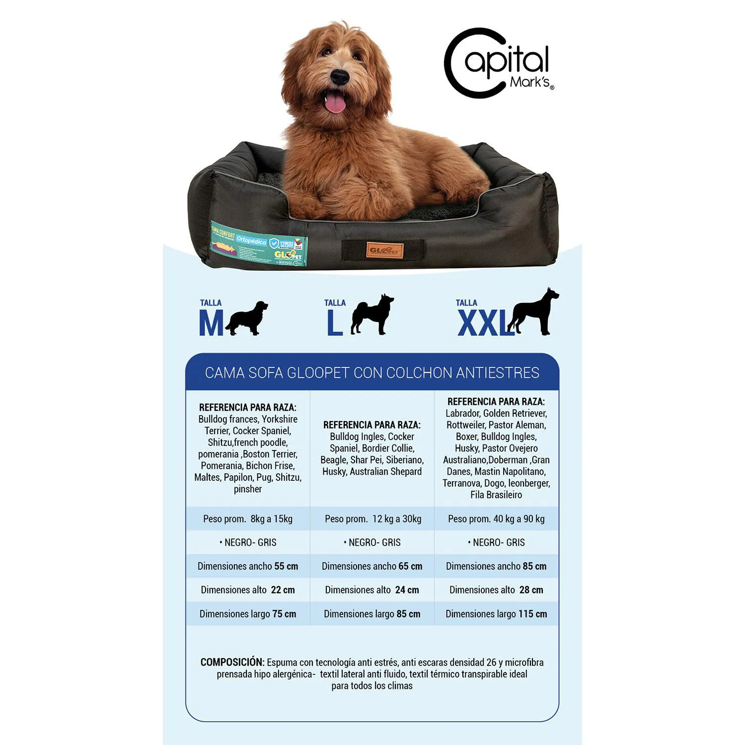 Cama Sofá Gloopet Con Tecnologia Antiestres Para Mascota Talla L Negro Gris 5