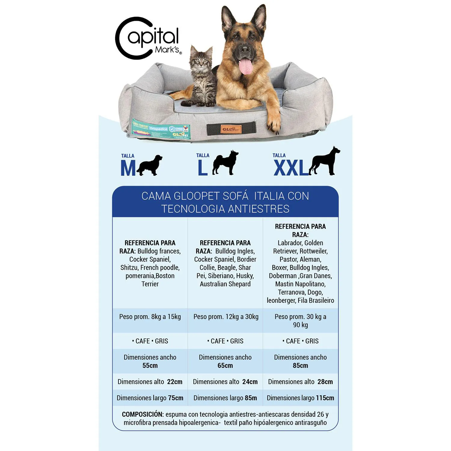 Cama Sofá Italia Gloopet Con Tecnologia Antiestres Para Mascota Talla M Café 5