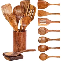 Juego de 9 Utensilios de Cocina de Madera con Soporte y Reposapozos