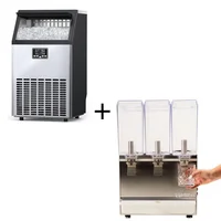 Combo Dispensador de Bebidas de 3 Tanques (10 litros cada uno)+ Maquina Fabricadora de Hielo Tipo Luna de 45 kg