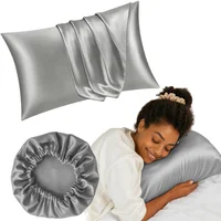 Kit De Belleza Nocturna: 2 Fundas De Almohada Y Gorro En Satín Plateado