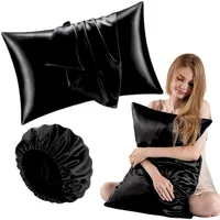 Kit De Belleza Nocturna: 2 Fundas De Almohada Y Gorro En Satín Negro
