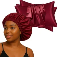 Kit De Belleza Nocturna: 2 Fundas De Almohada Y Gorro En Satín Vinotinto