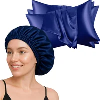 Kit De Belleza Nocturna: 2 Fundas De Almohada Y Gorro En Satín Azul