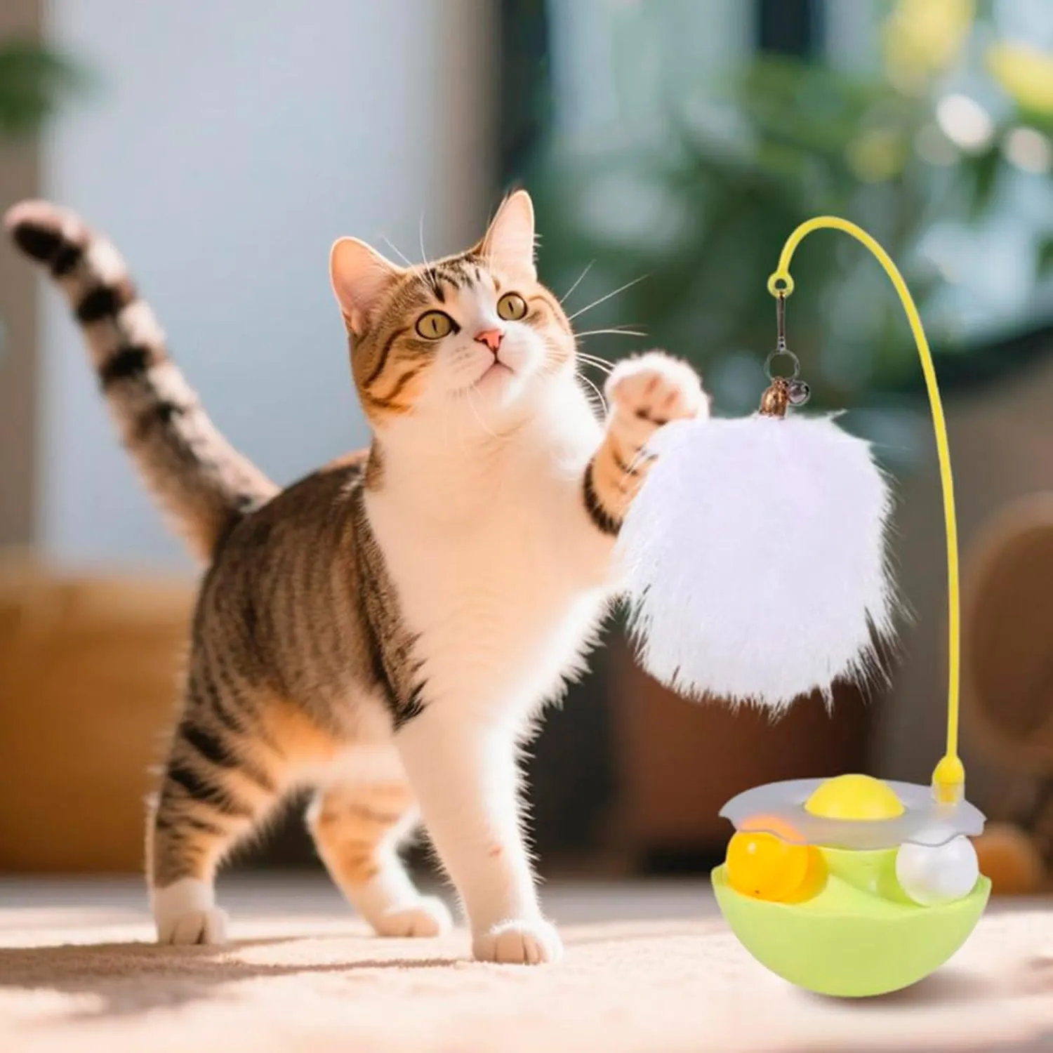 Juguete Pluma Gato Interactivo Giratorio Bola Catnip Caña Verde 3