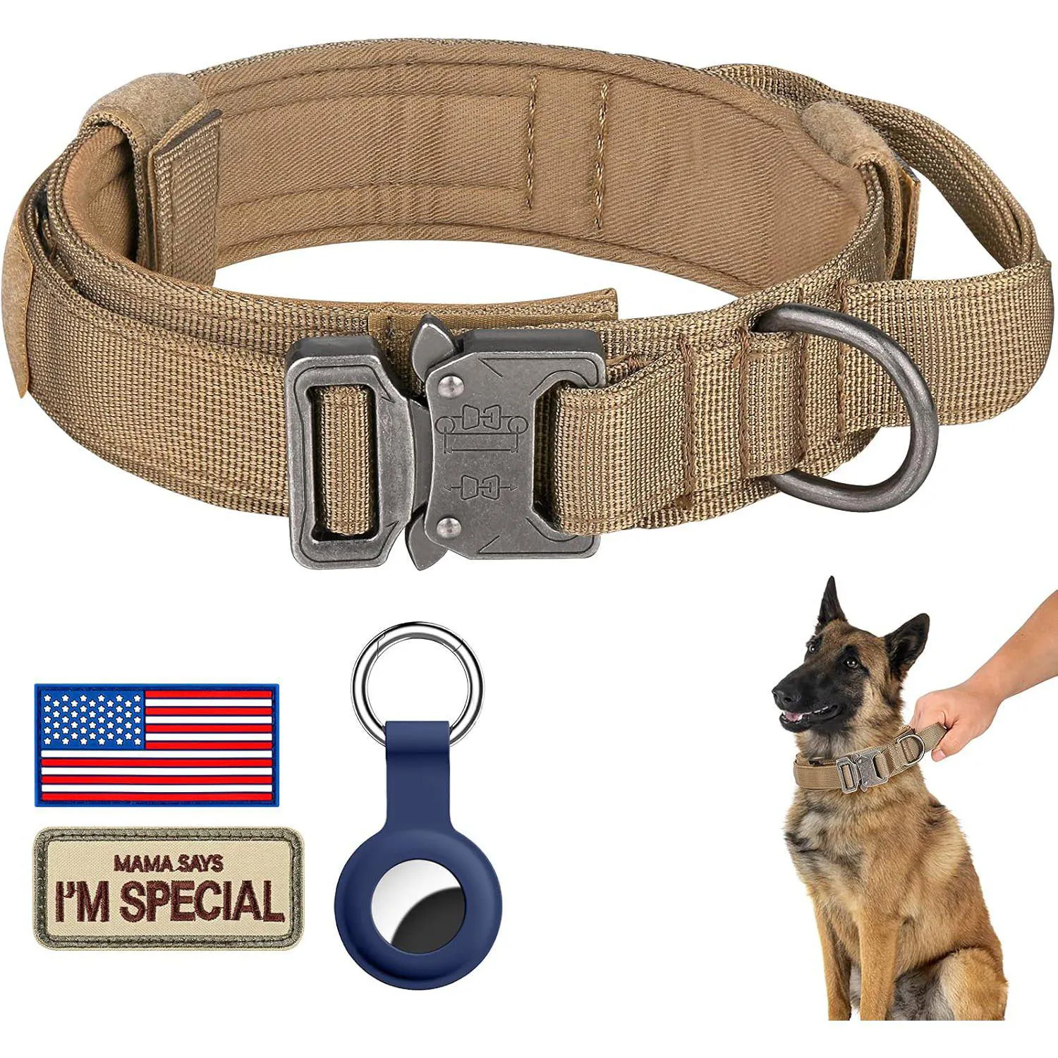 Collar Táctico Para Perro Con Asa De Control Y Soporte AirTag Color Marrón