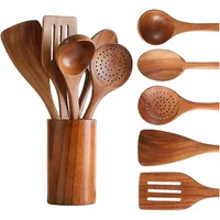 Set de Utensilios de Madera para Cocina con Soporte y Mango Cómodo