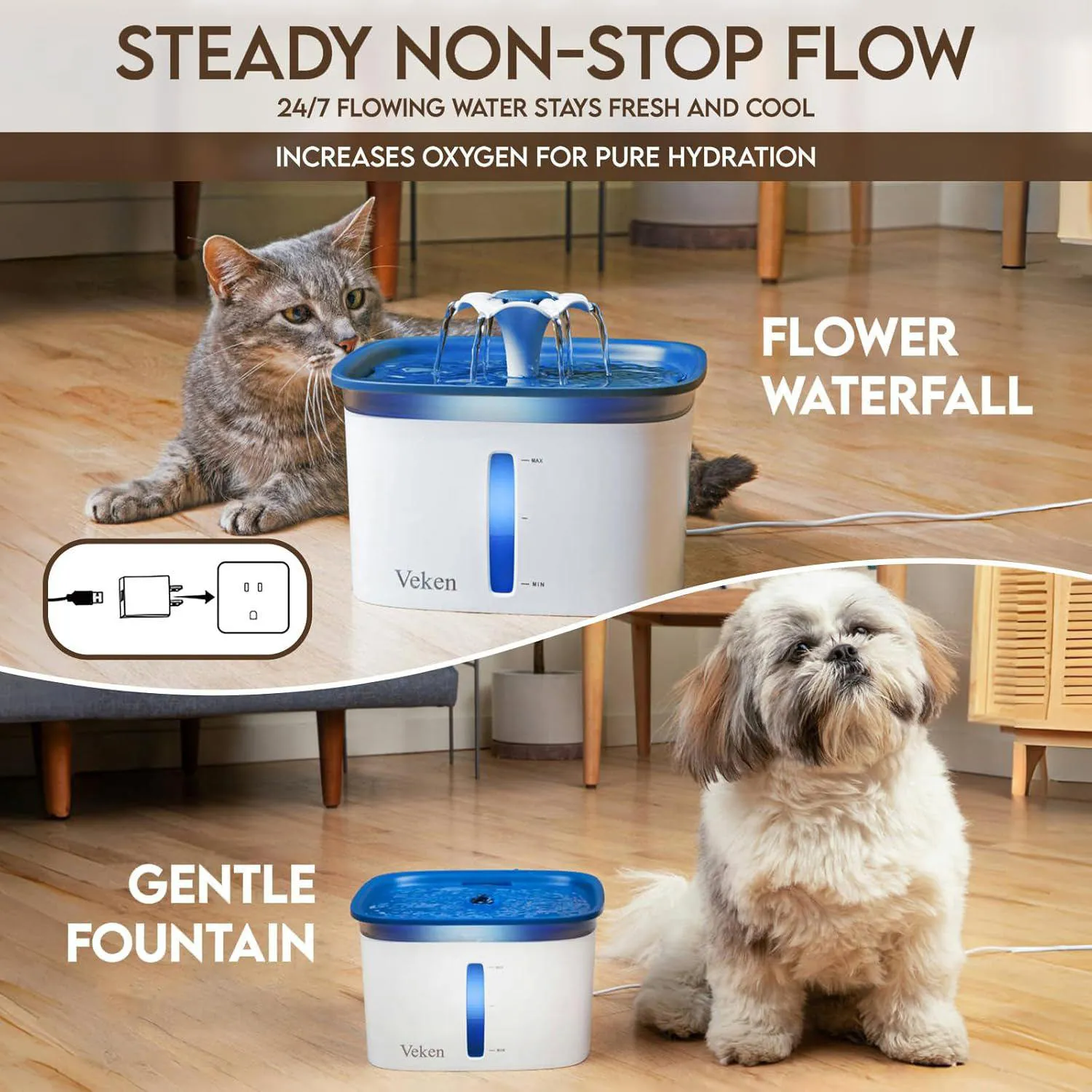 Fuente de Agua Automática Veken 95 oz para Gatos y Perros 3
