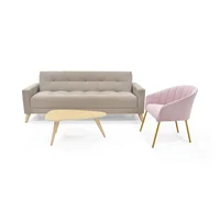 Sala con sofa cama reclinable sahara taupe y poltrona misaki rosa + mesa centro drop miel