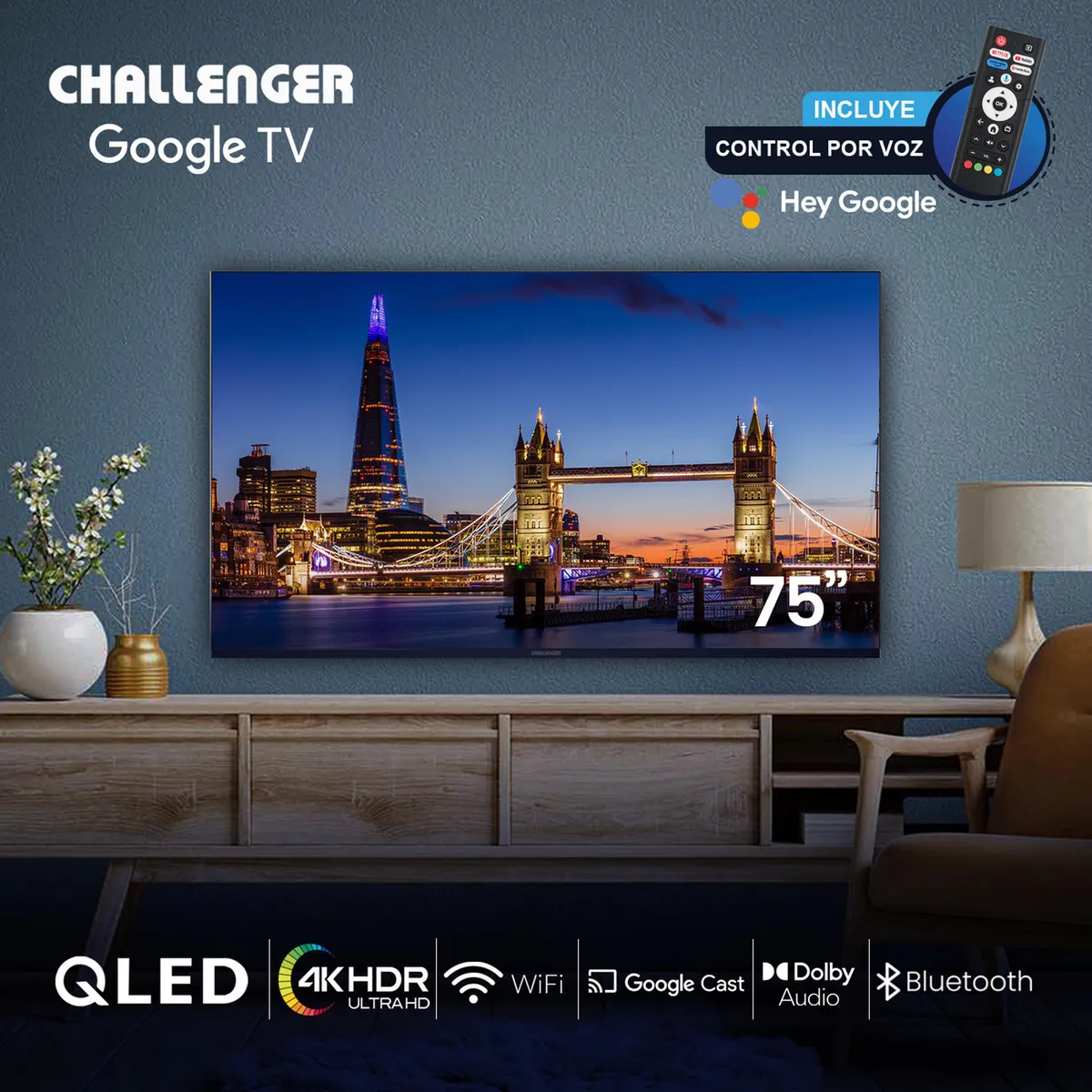 CHALLENGER - Televisor 75 Pulgadas Qled 75kg290 Bt Googletv T2 Negro Challenger