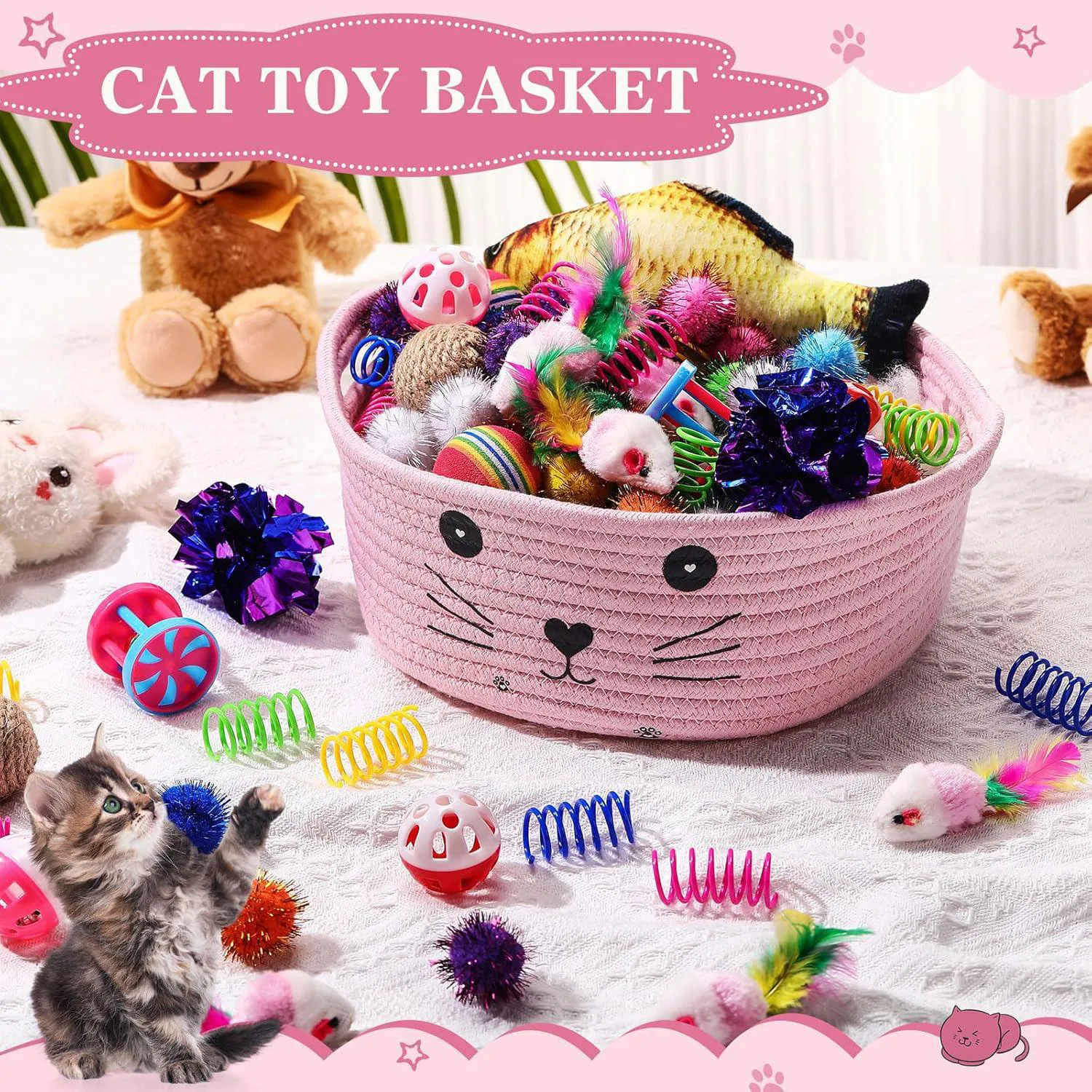 Juego De Juguete Para Gatos Con Canasta De Almacenamiento Y Accesorios Interactivos 3