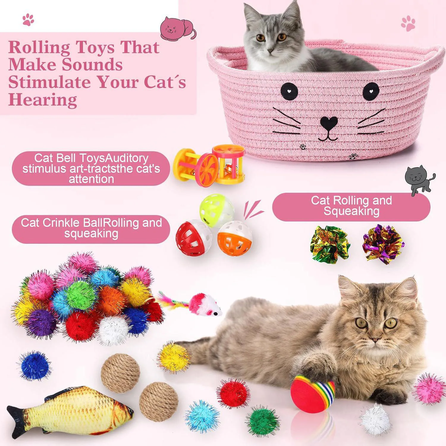Juego De Juguete Para Gatos Con Canasta De Almacenamiento Y Accesorios Interactivos 4