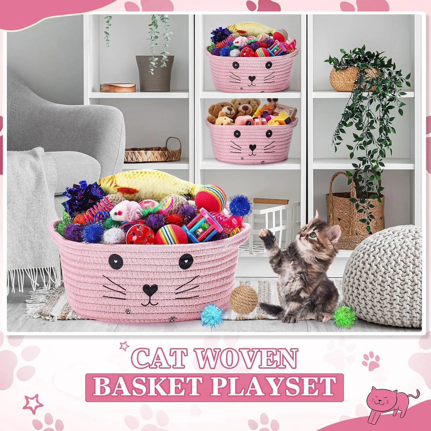Juego De Juguete Para Gatos Con Canasta De Almacenamiento Y Accesorios Interactivos 5