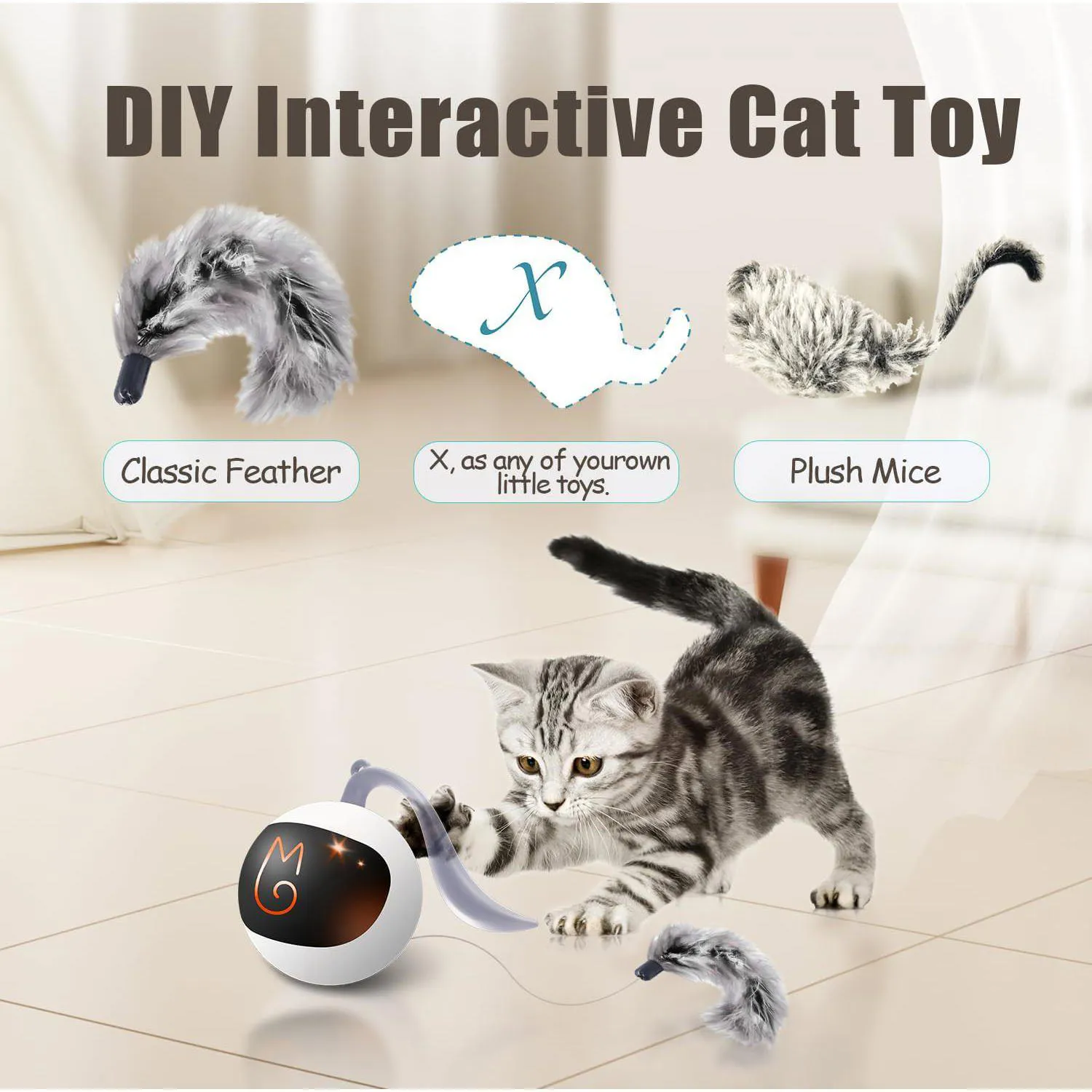 Pelota Interactiva Para Gatos Con Movimiento Automático Y Cola Esponjosa Recargable 3