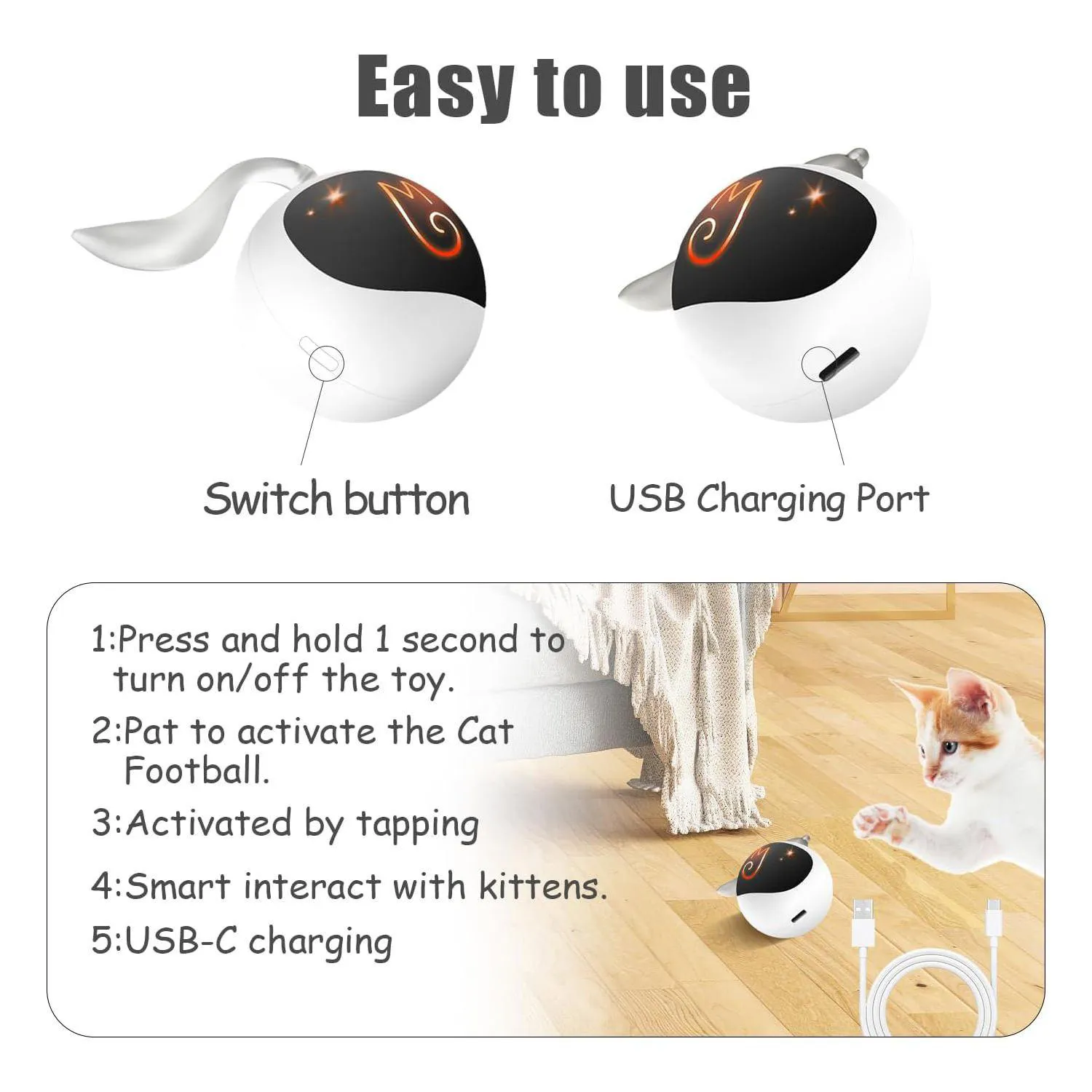 Pelota Interactiva Para Gatos Con Movimiento Automático Y Cola Esponjosa Recargable 7