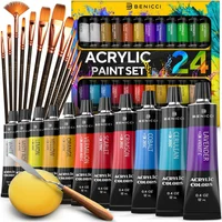 Juego De Pintura Acrílica Con 24 Colores Y 12 Pinceles Para Manualidades Creativas