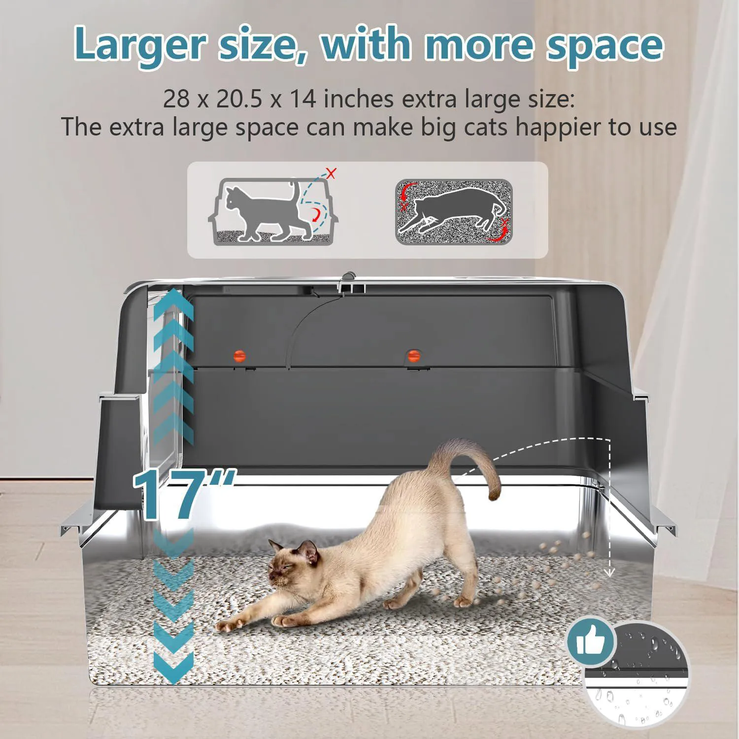 Caja De Arena Extra Grande De Acero Inoxidable Con Tapa Para Gatos Grandes 3