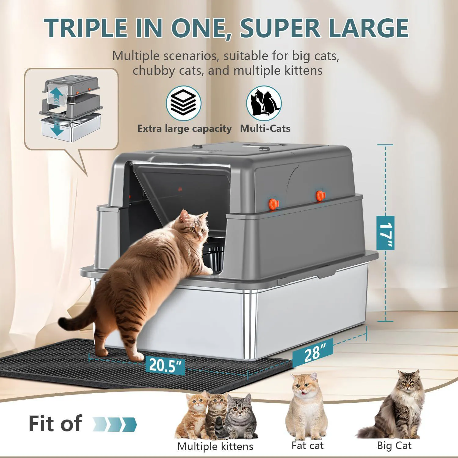 Caja De Arena Extra Grande De Acero Inoxidable Con Tapa Para Gatos Grandes 7