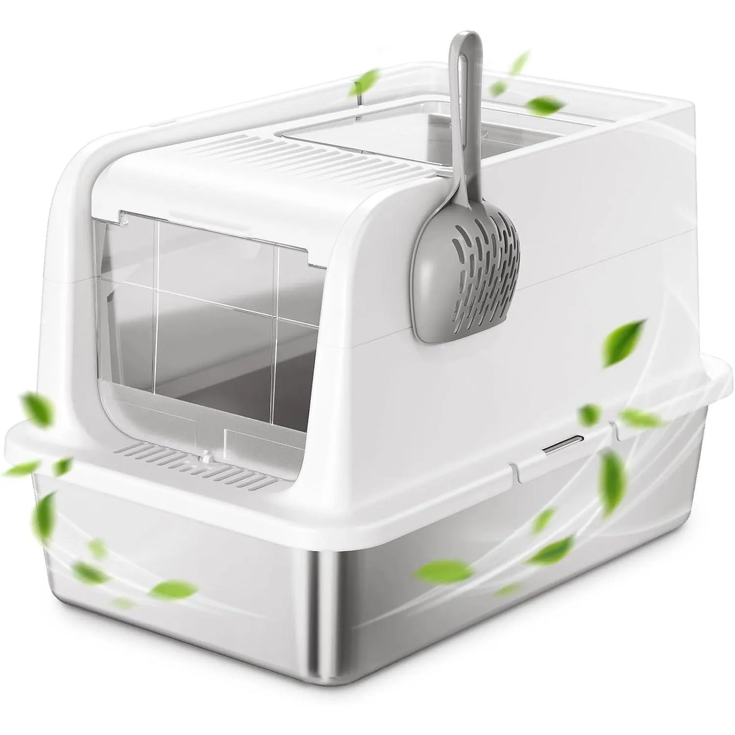 Caja De Arena Para Gatos De Acero Inoxidable Con Tapa Ajustable Y Diseño Antifugas