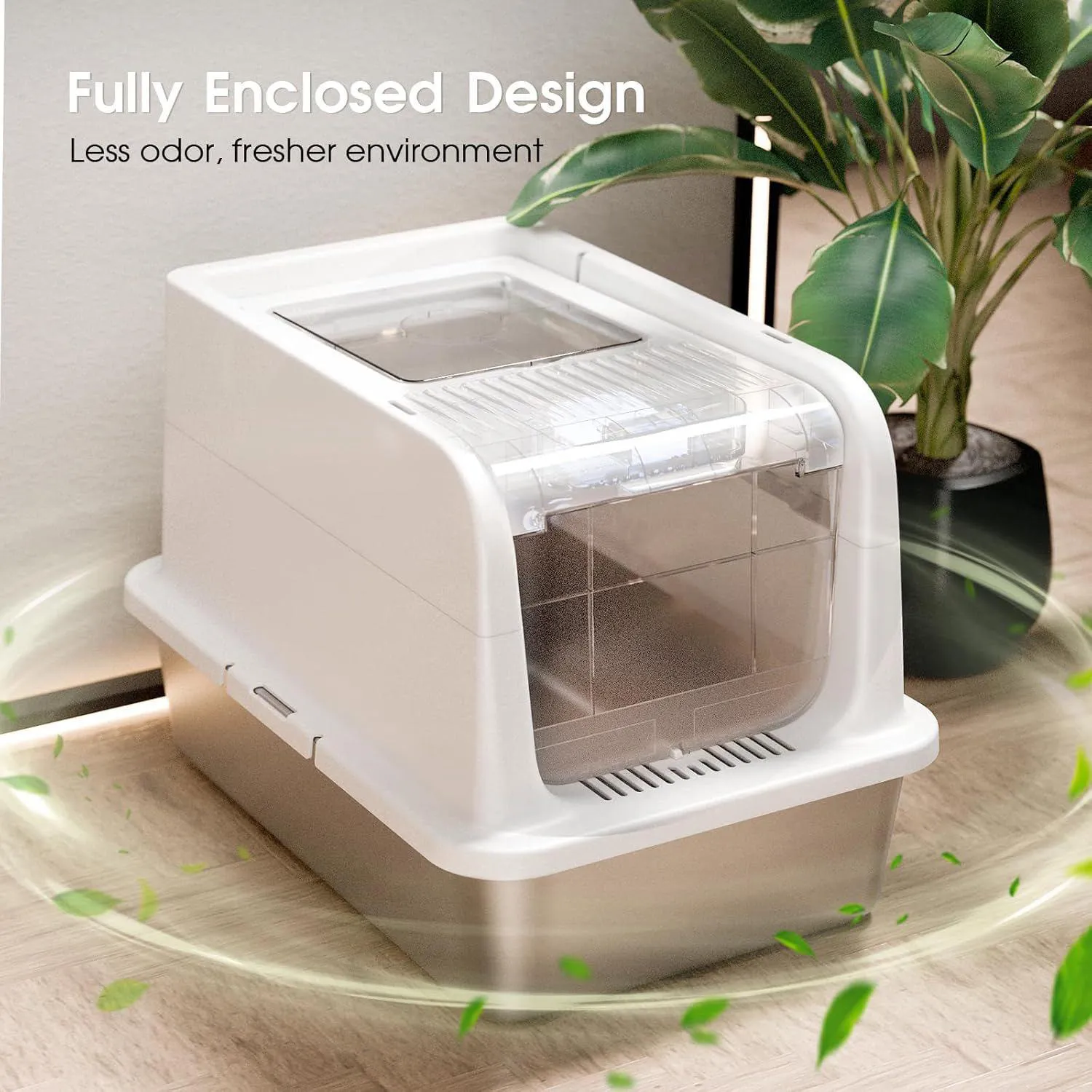 Caja De Arena Para Gatos De Acero Inoxidable Con Tapa Ajustable Y Diseño Antifugas