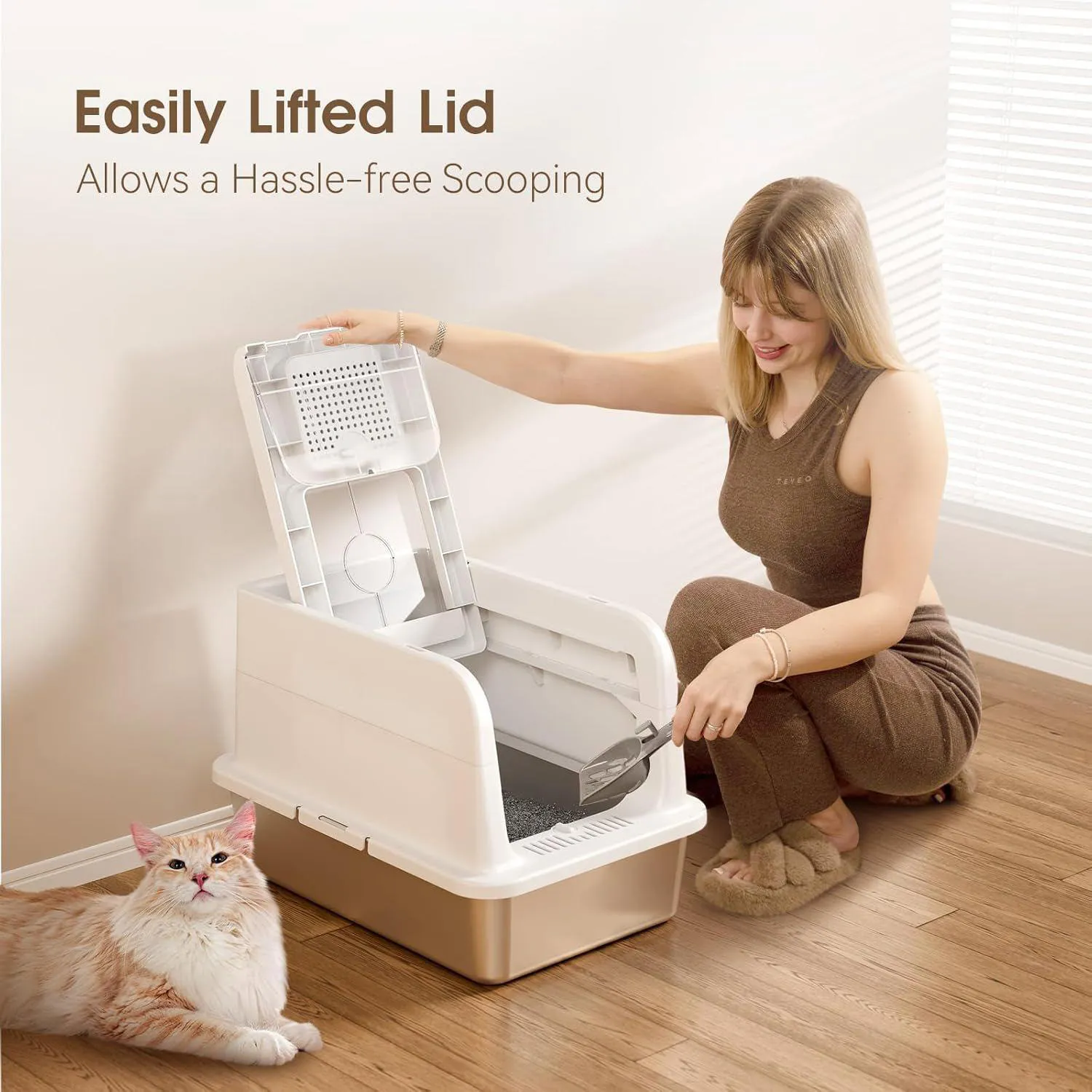 Caja De Arena Para Gatos De Acero Inoxidable Con Tapa Ajustable Y Diseño Antifugas 5