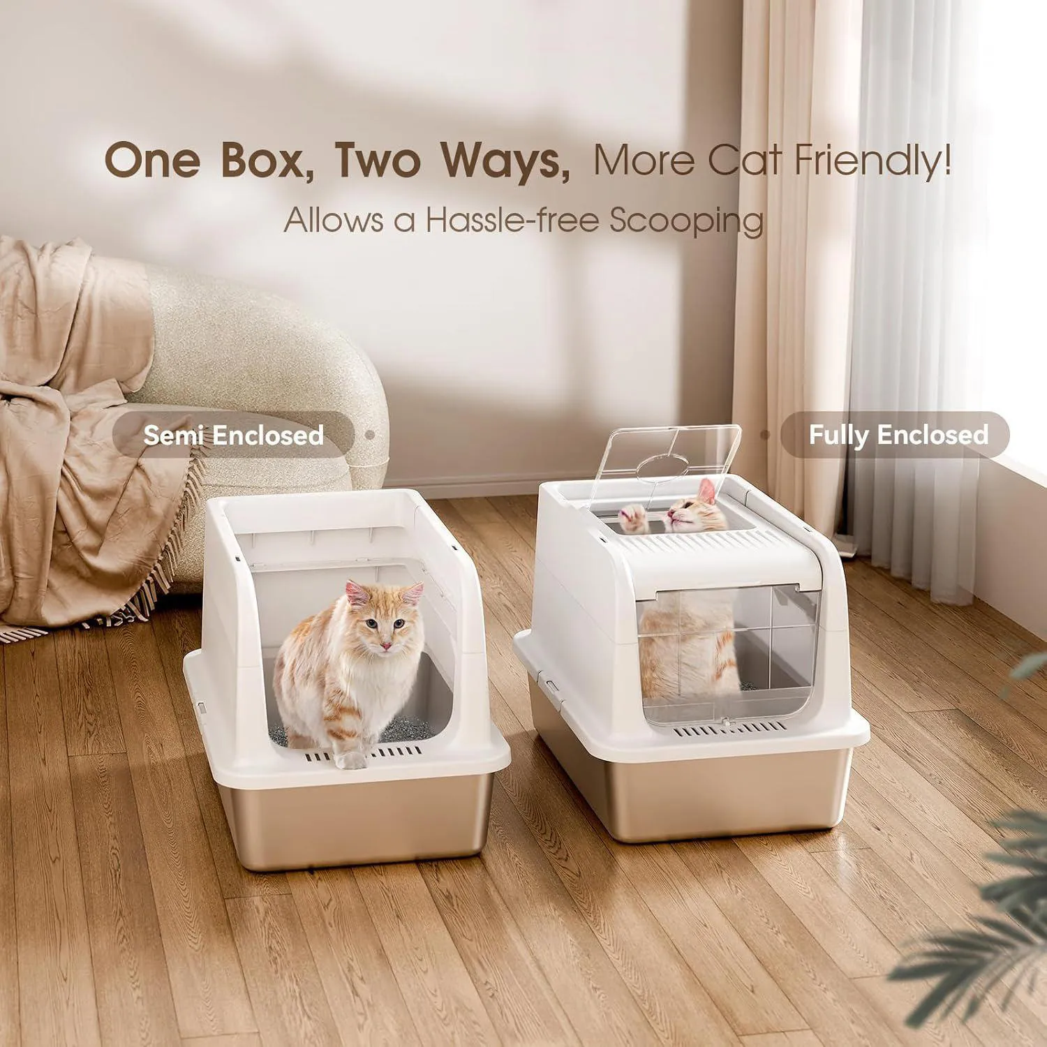 Caja De Arena Para Gatos De Acero Inoxidable Con Tapa Ajustable Y Diseño Antifugas 6