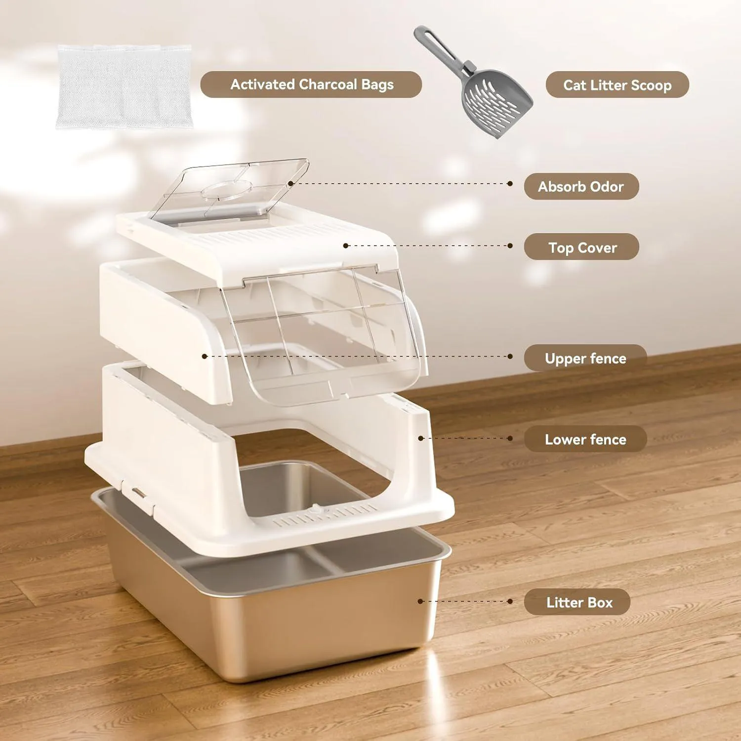 Caja De Arena Para Gatos De Acero Inoxidable Con Tapa Ajustable Y Diseño Antifugas 8