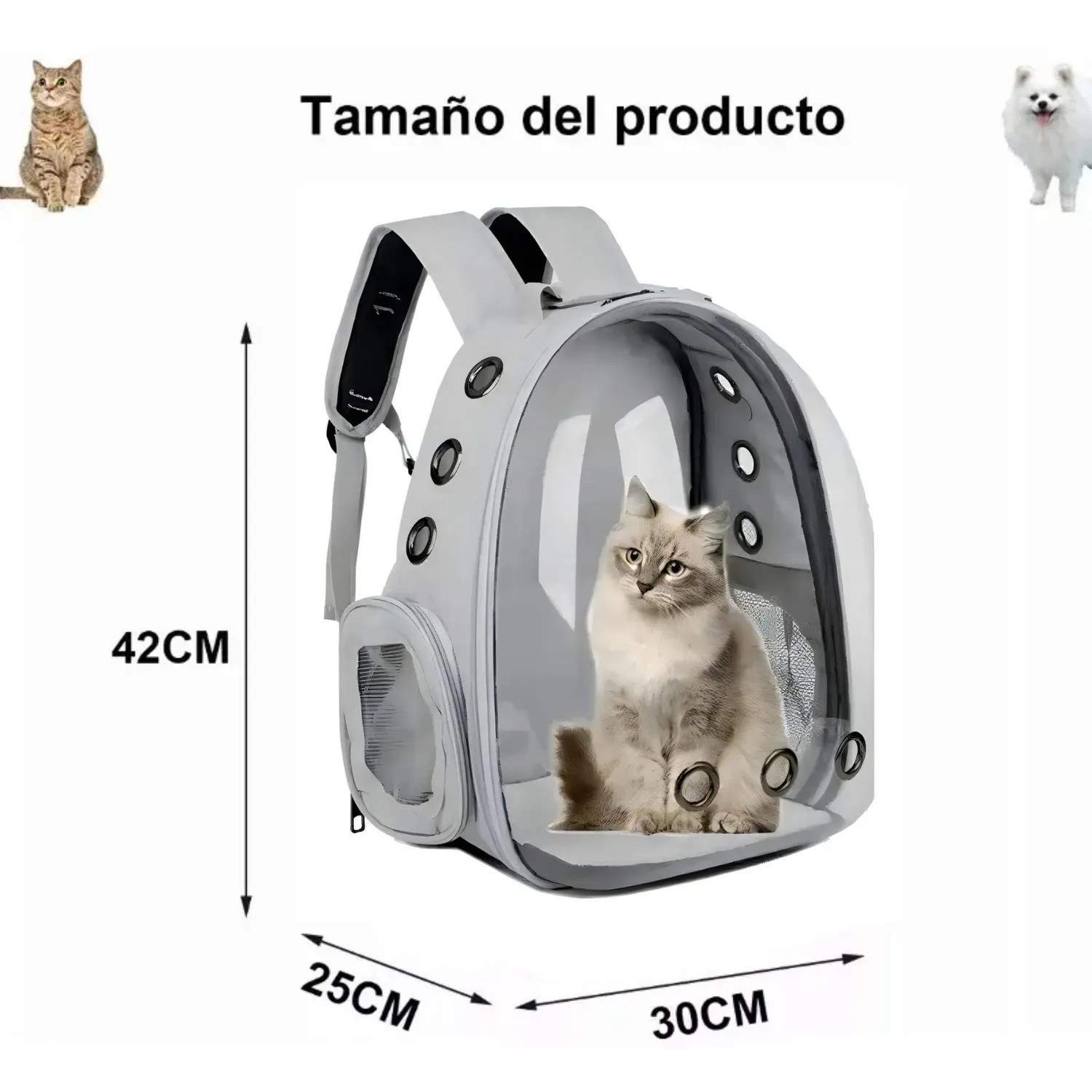 Mochila Transportadora Mascotas Cápsula Burbuja Perro Gato Gris 3