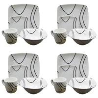 Vajilla Melamina Primavera Blanca Líneas Negras Cuadrada 16 Piezas 4 Puestos Set X 4 Unidades
