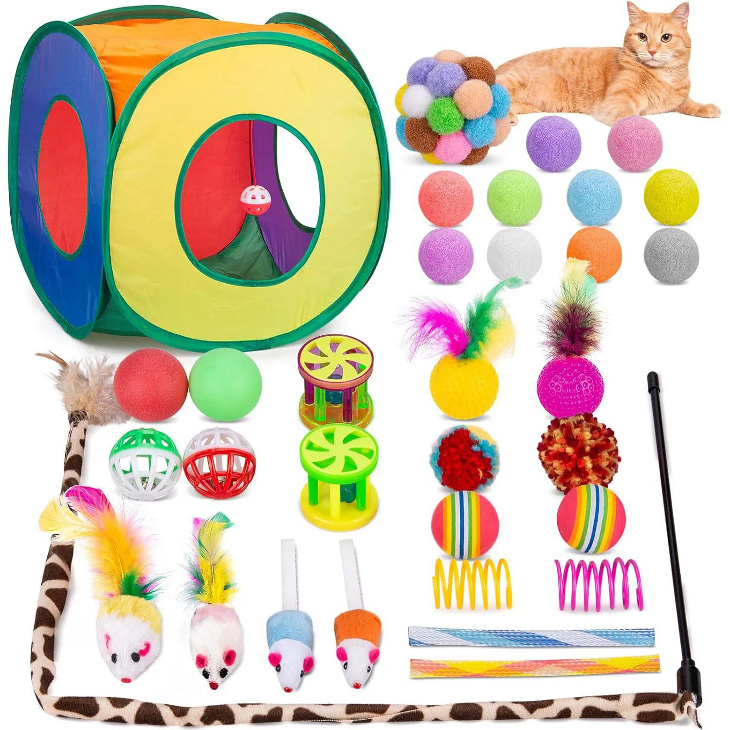 Paquete de Juguetes Interactivos para Gatos con Túnel Plegable y 33 Piezas