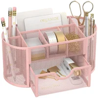 Organizador De Escritorio Metálico Rosa Coral Con Cajón Y Nueve Compartimentos Compacto
