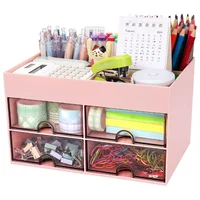 Organizador De Escritorio Rosado Con Cuatro Cajones Y Compartimentos Multifuncionales