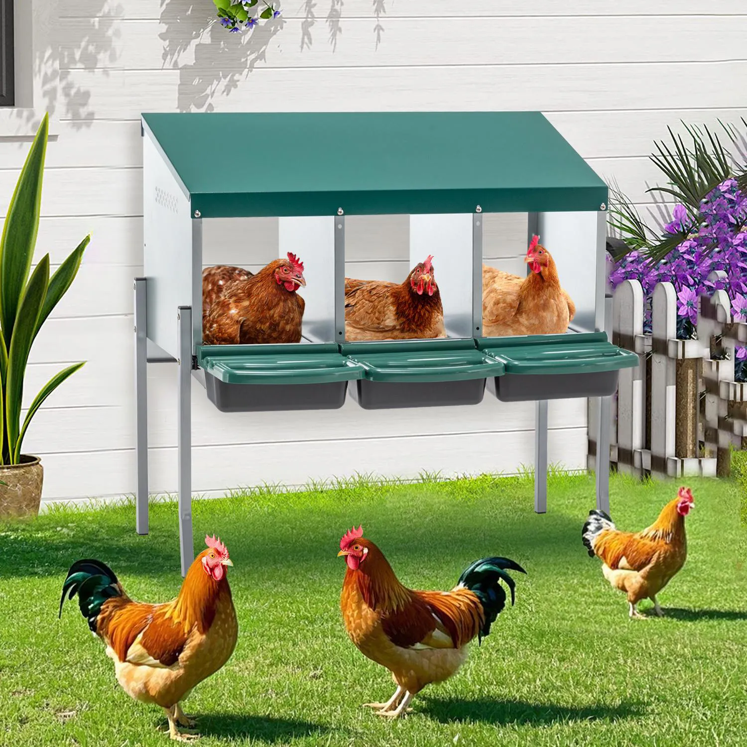 Nido para Gallinas con 3 Huecos, Tapa y Patas, Color Verde