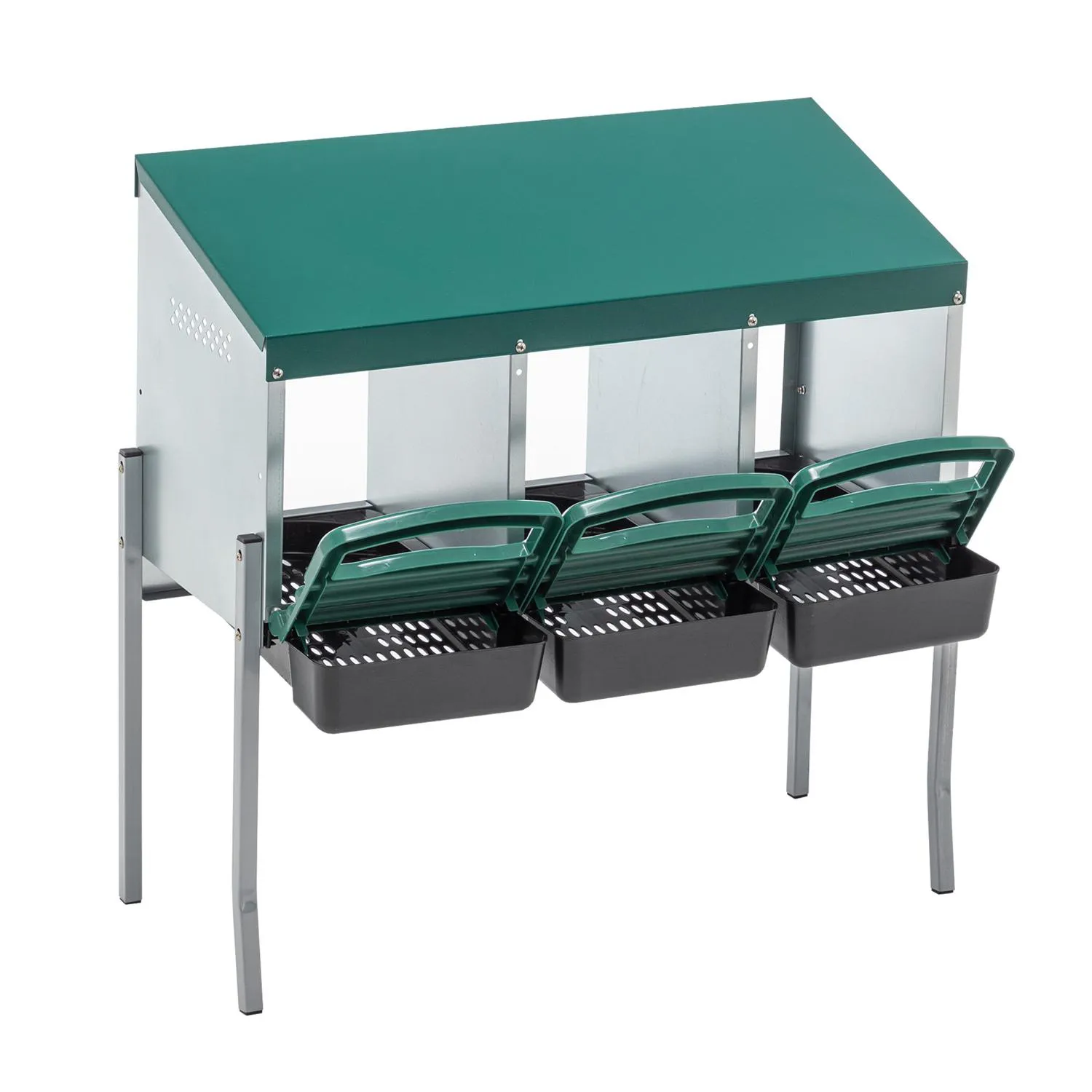 Nido para Gallinas con 3 Huecos, Tapa y Patas, Color Verde