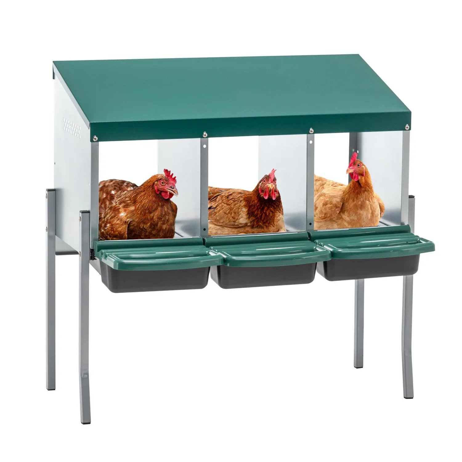 Nido para Gallinas con 3 Huecos, Tapa y Patas, Color Verde 3