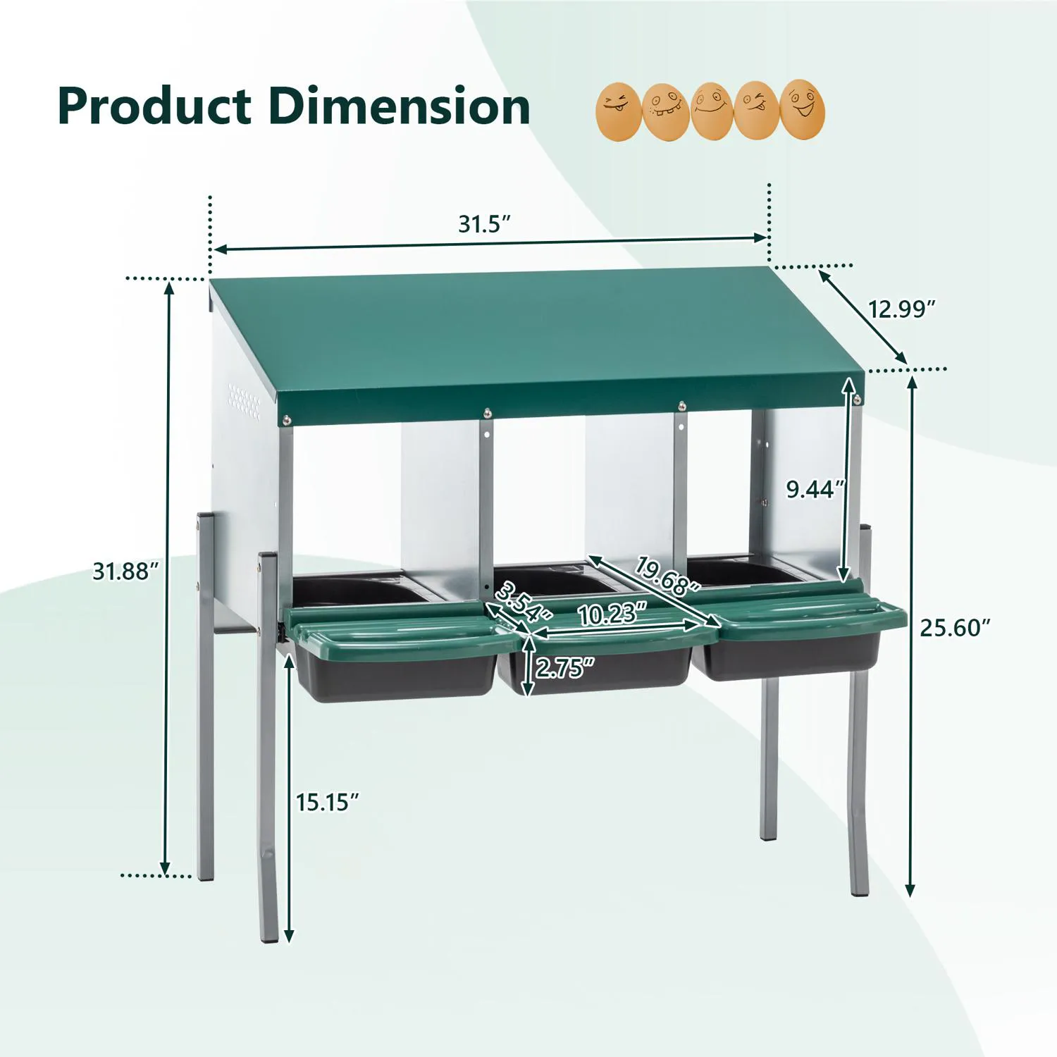 Nido para Gallinas con 3 Huecos, Tapa y Patas, Color Verde 5
