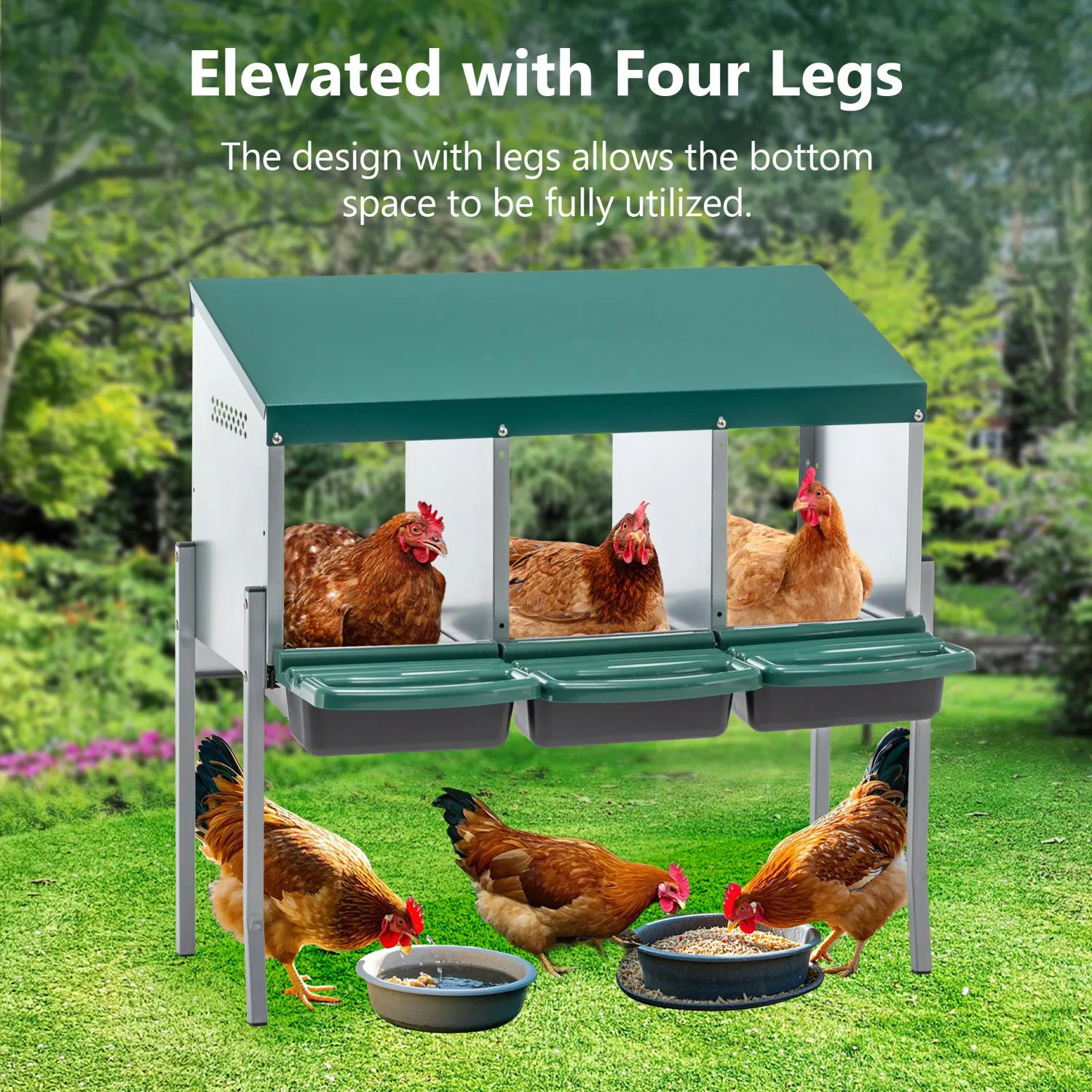 Nido para Gallinas con 3 Huecos, Tapa y Patas, Color Verde 8