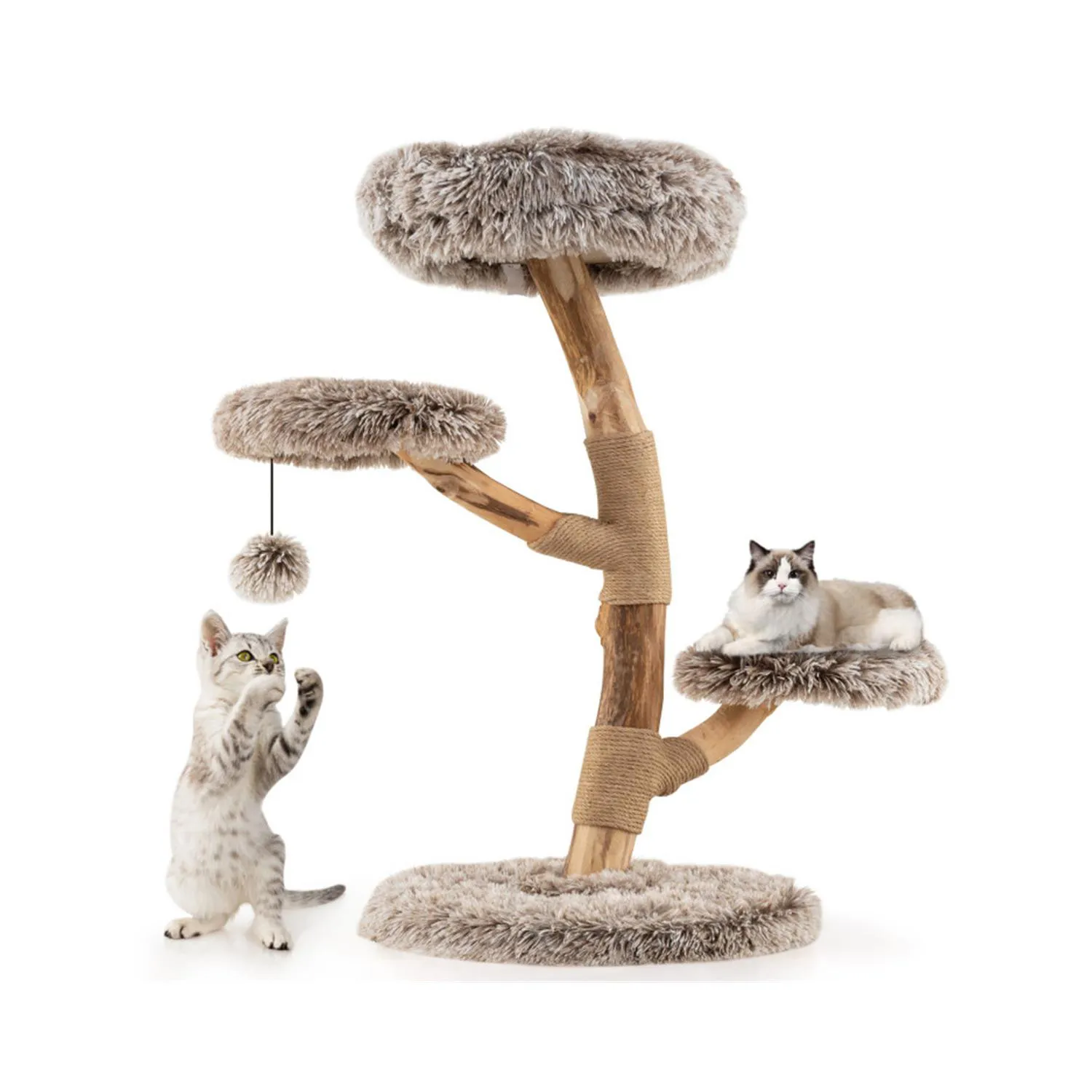 Gimnasio para Gatos de Madera de Pera con 4 Niveles, Jute y Peluche