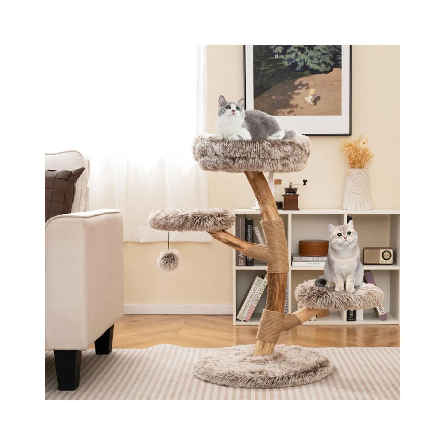 Gimnasio para Gatos de Madera de Pera con 4 Niveles, Jute y Peluche 5