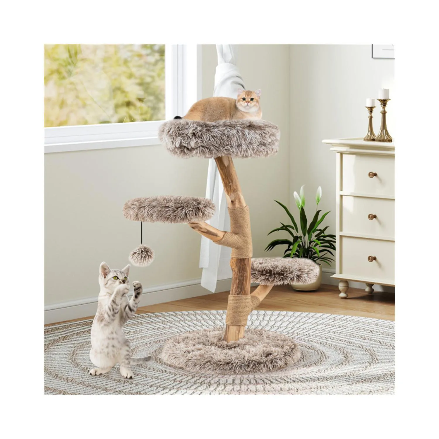 Gimnasio para Gatos de Madera de Pera con 4 Niveles, Jute y Peluche 7