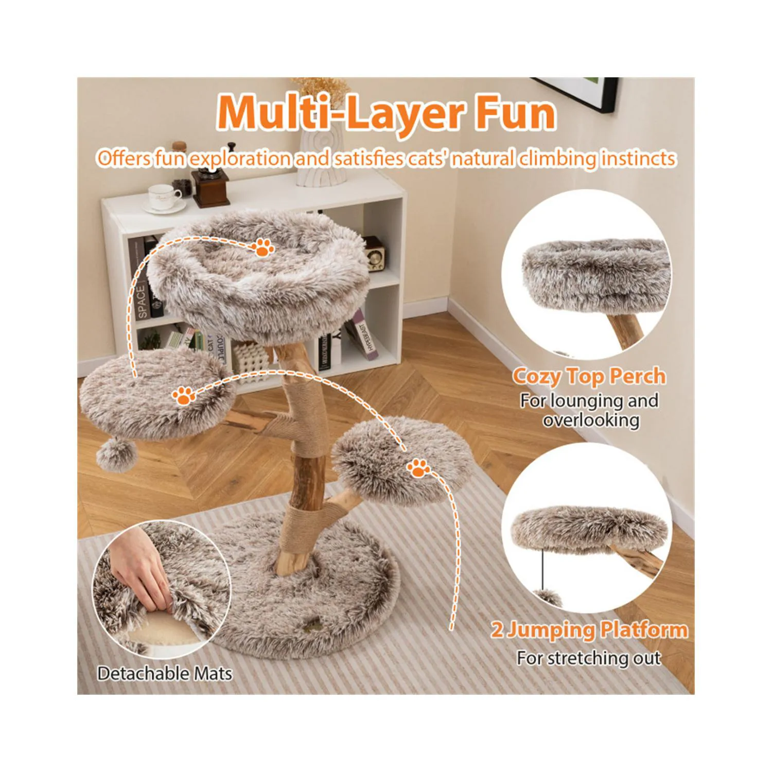 Gimnasio para Gatos de Madera de Pera con 4 Niveles, Jute y Peluche 9