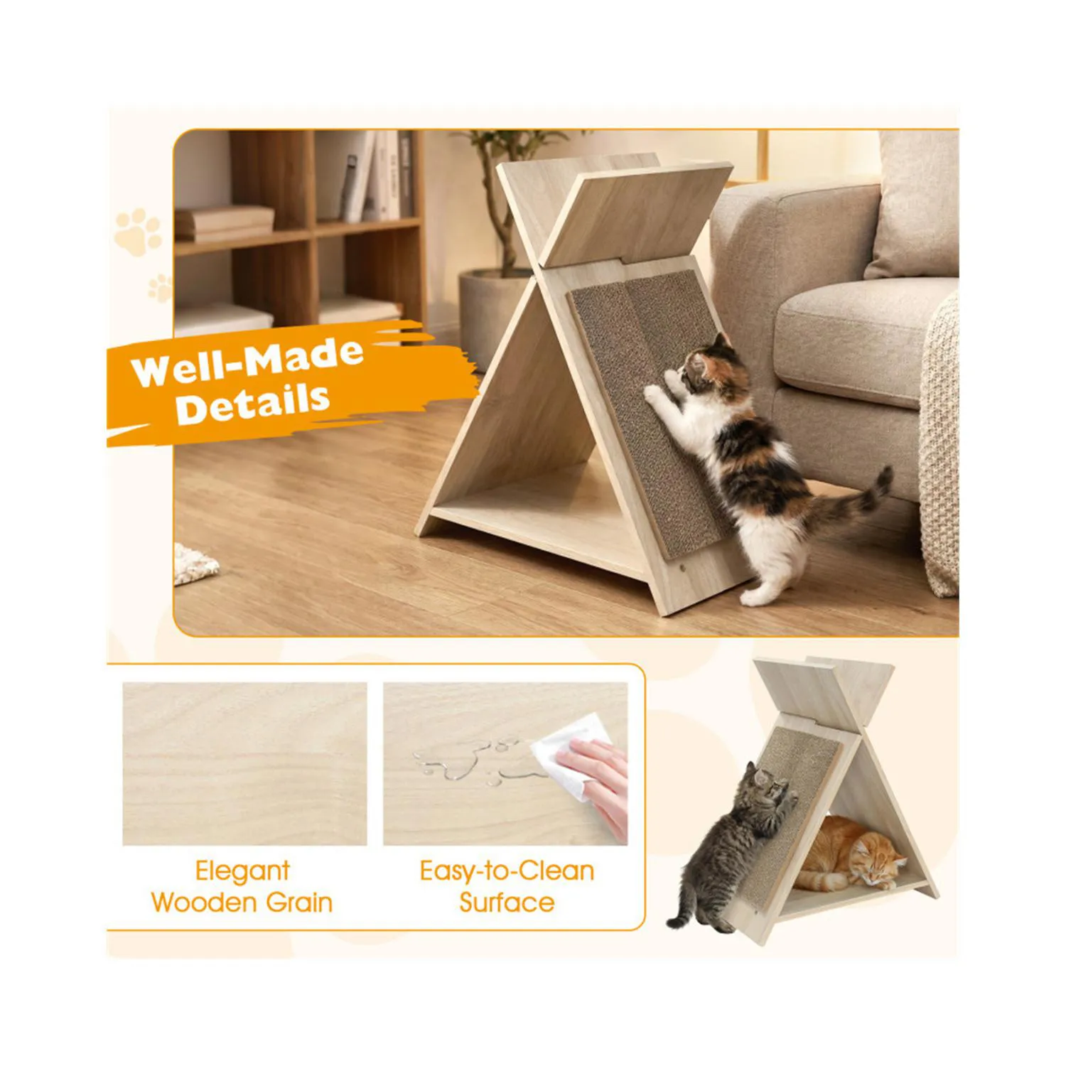 Rascador Multifuncional para Gatos con Túnel y Área de Descanso de Madera 4