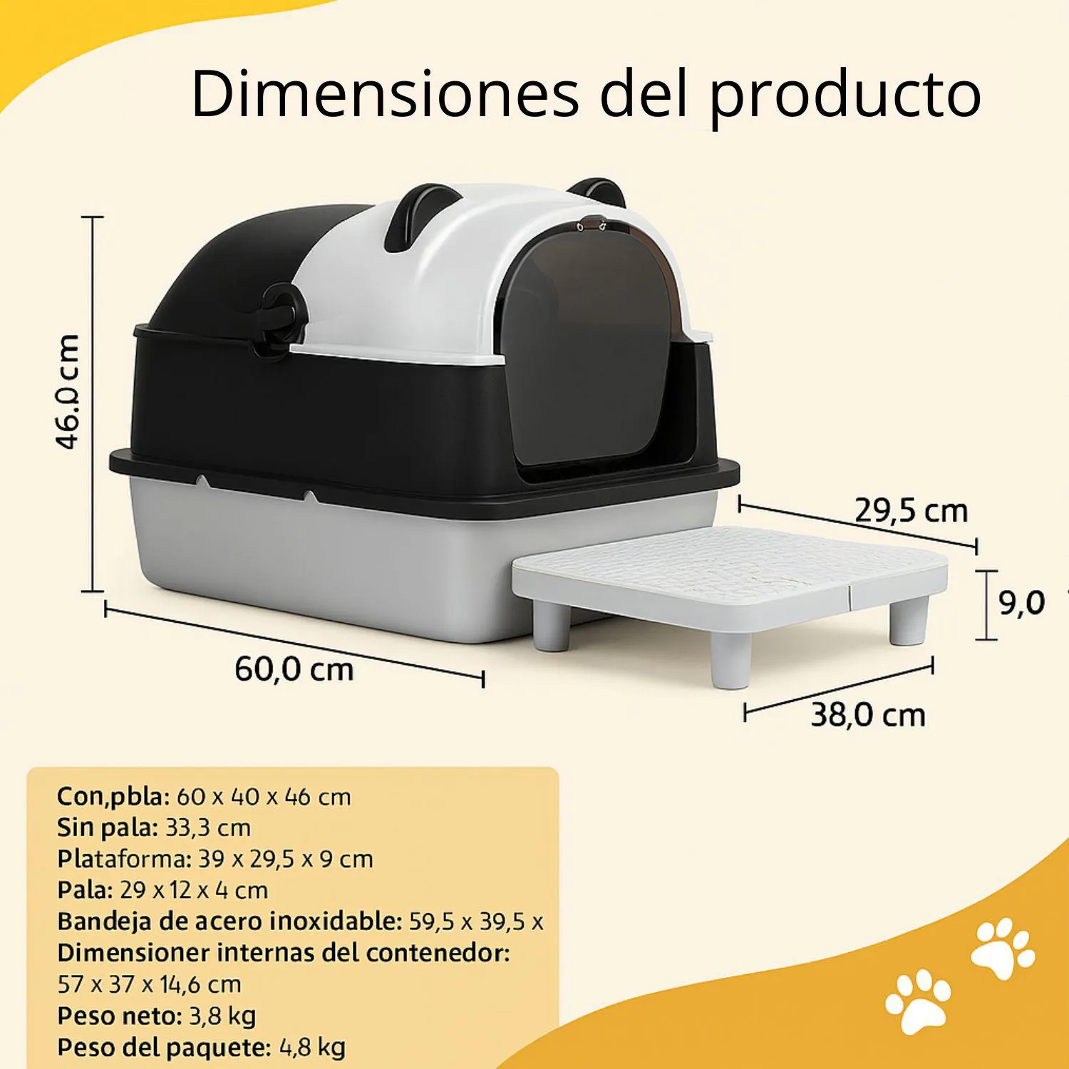 Arenero para Gatos Diseño Panda con Bordes Altos Extralarge con Pedal Filtrante y Pala 7