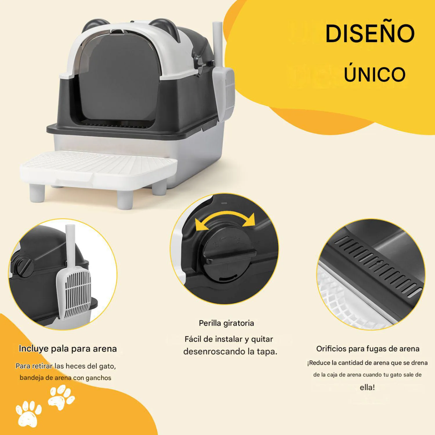 Arenero para Gatos Diseño Panda con Bordes Altos Extralarge con Pedal Filtrante y Pala 11