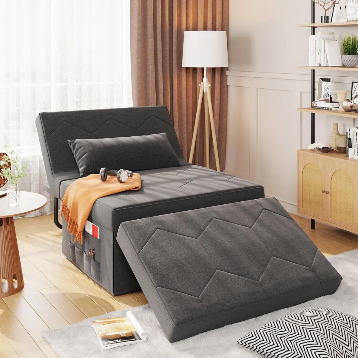  - Silla Cama Convertible Con Respaldo Ajustable Y Otomana Para Sala Y Oficina