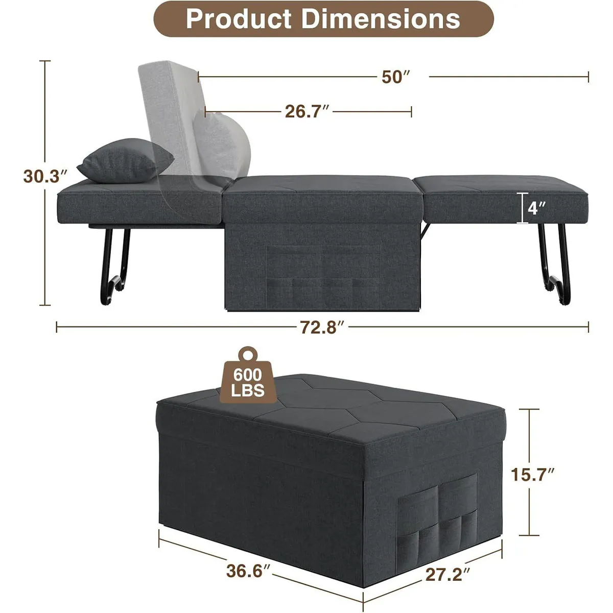  - Silla Cama Convertible Con Respaldo Ajustable Y Otomana Para Sala Y Oficina