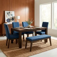 Comedor 6 puestos 4 sillas 1 banca Oxford Natural Oscuro Tela Azul