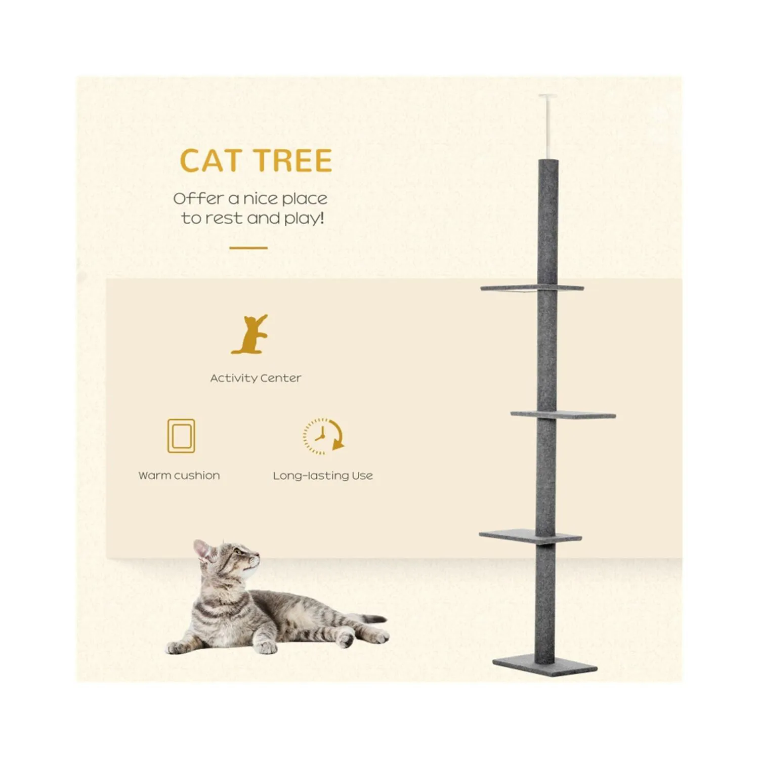Gimnasio para Gatos Ajustable de Piso a Techo con Plataformas Acolchadas 4